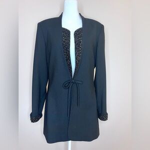 Albert Nipon Black Beaded Trim Tie-Front Blazer